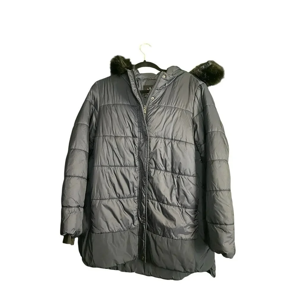 Isaac Mizrahi Live! Puffer Coat w/ Faux Fur Trim Hood Dark Navy Women Size M - Picture 7 of 12